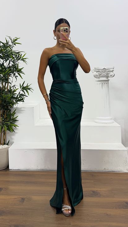Zümrüt Straplez Saten Abiye Elbise