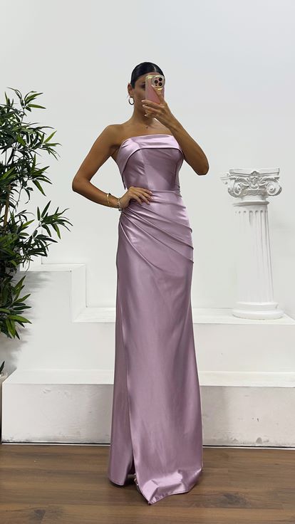 Lavanta Straplez Saten Abiye Elbise