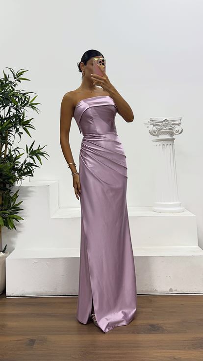 Lavanta Straplez Saten Abiye Elbise