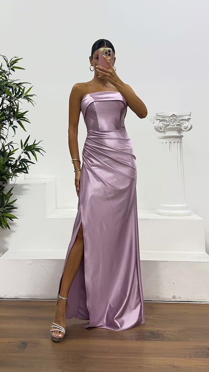 Lavanta Straplez Saten Abiye Elbise