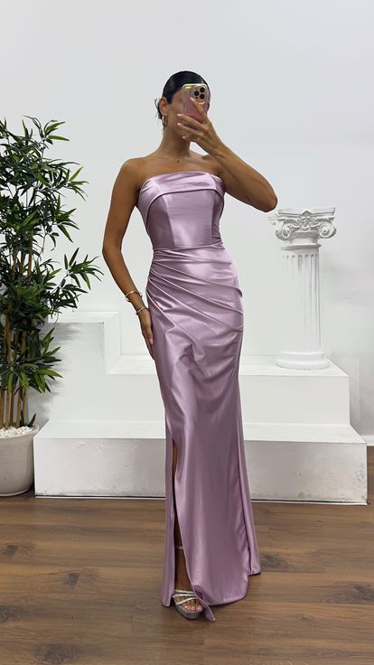 Lavanta Straplez Saten Abiye Elbise