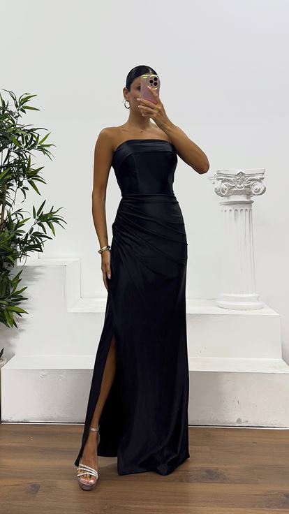 Siyah Straplez Saten Abiye Elbise