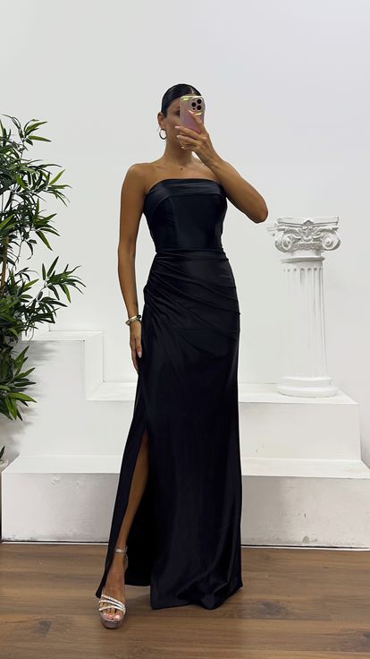 Siyah Straplez Saten Abiye Elbise