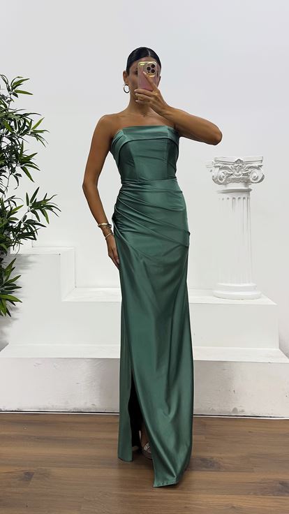 Çağla Straplez Saten Abiye Elbise