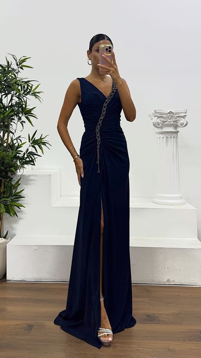 Navy Blue V Neck Evening Dress with Chain Detail