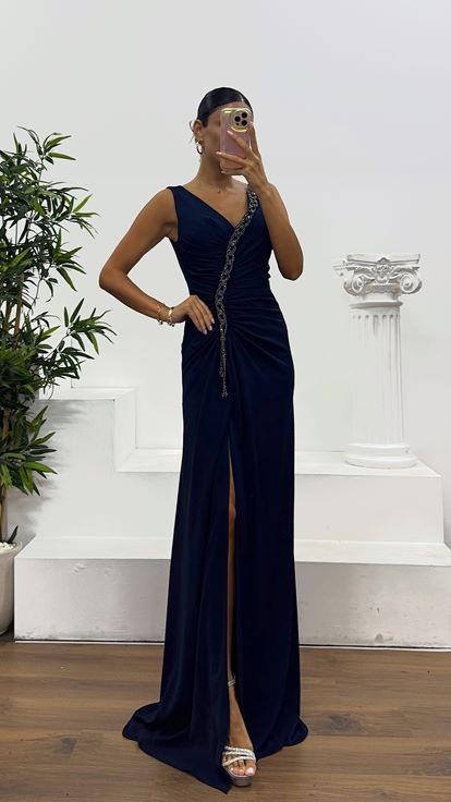 Navy Blue V Neck Evening Dress with Chain Detail
