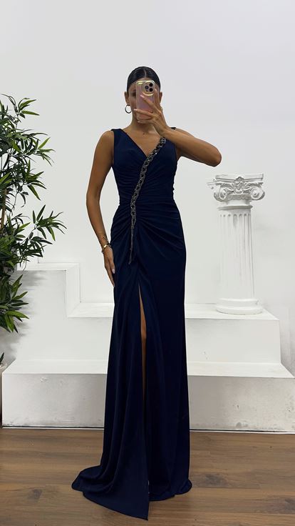 Navy Blue V Neck Evening Dress with Chain Detail