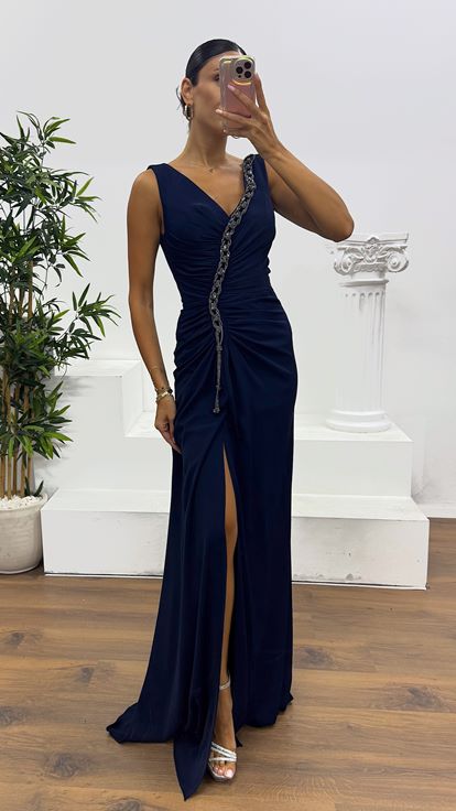 Navy Blue V Neck Evening Dress with Chain Detail