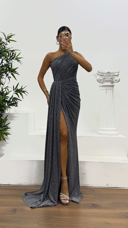 Silver One Shoulder Glittery Evening Dress