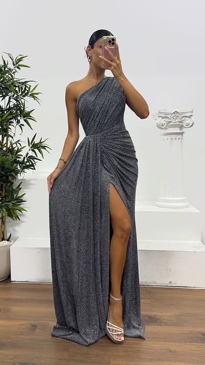 Silver One Shoulder Glittery Evening Dress