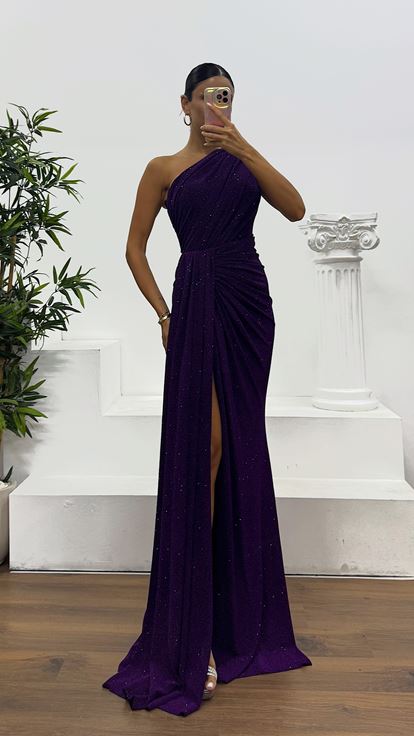 Purple One Shoulder Glittery Evening Dress