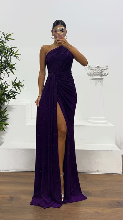 Purple One Shoulder Glittery Evening Dress