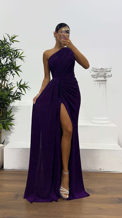 Purple One Shoulder Glittery Evening Dress