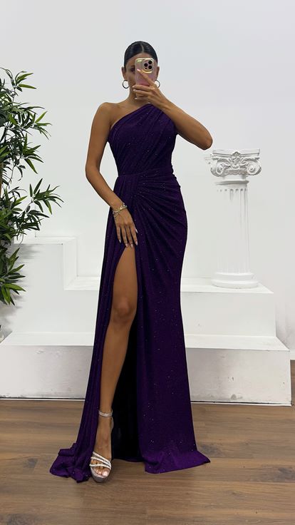 Purple One Shoulder Glittery Evening Dress