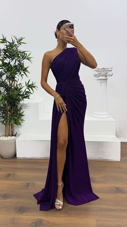 Purple One Shoulder Glittery Evening Dress