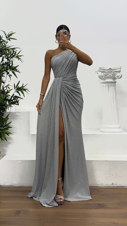 Silver One Shoulder Glittery Evening Dress