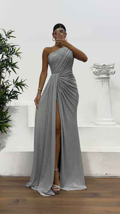 Silver One Shoulder Glittery Evening Dress