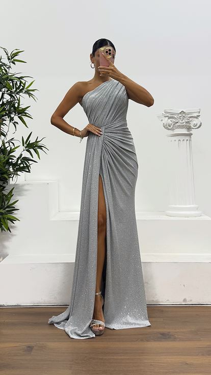 Silver One Shoulder Glittery Evening Dress