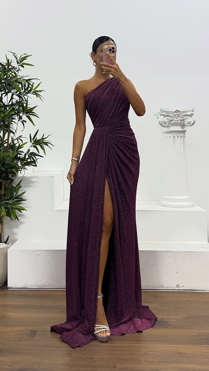 Purple One Shoulder Glittery Evening Dress