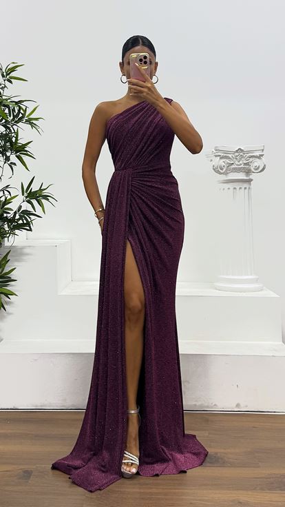 Purple One Shoulder Glittery Evening Dress