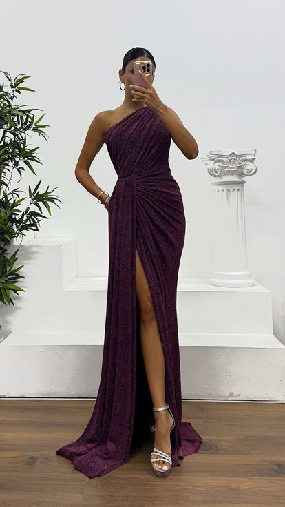 Purple One Shoulder Glittery Evening Dress
