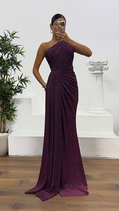 Purple One Shoulder Glittery Evening Dress