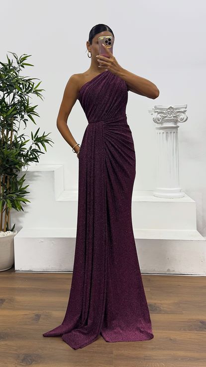 Purple One Shoulder Glittery Evening Dress
