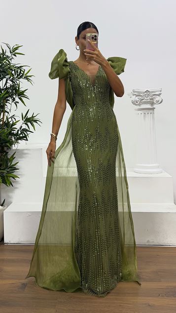 Khaki V-Neck Sleeves Tulle Evening Dress