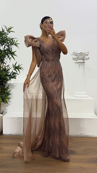 Kahve V Yaka Kolları Tül Abiye Elbise