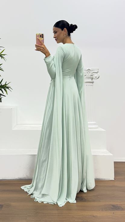 Mint Şifon Tesettür Abiye Elbise