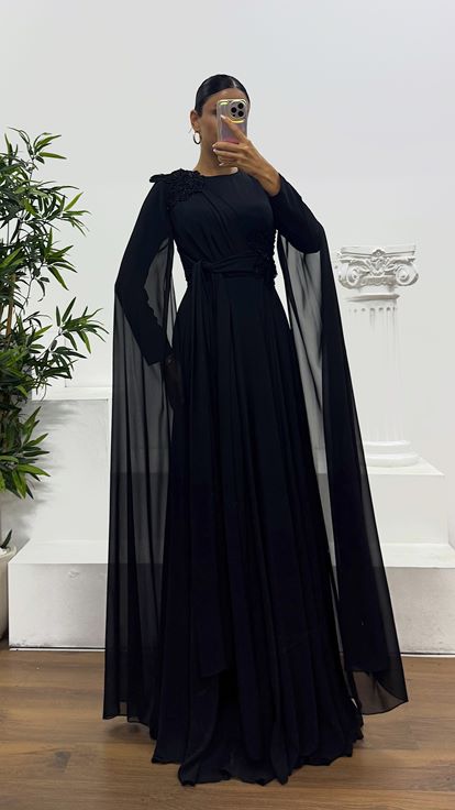 Siyah Şifon Tesettür Abiye Elbise