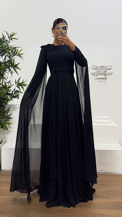 Siyah Şifon Tesettür Abiye Elbise