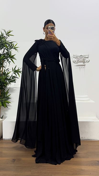 Siyah Şifon Tesettür Abiye Elbise