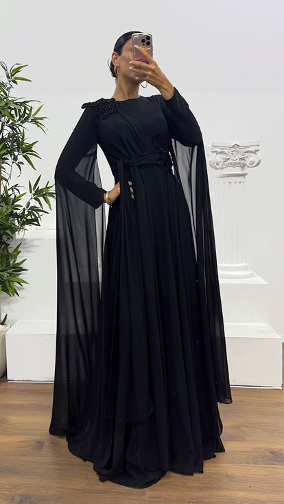 Siyah Şifon Tesettür Abiye Elbise