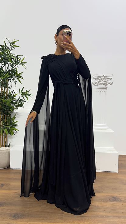 Siyah Şifon Tesettür Abiye Elbise