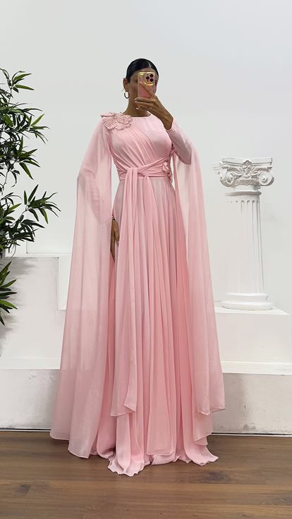 Pudra Şifon Tesettür Abiye Elbise