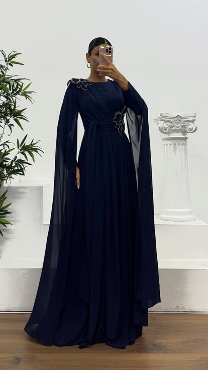 Lacivert Şifon Tesettür Abiye Elbise