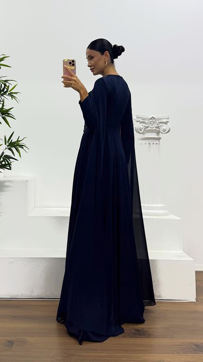 Lacivert Şifon Tesettür Abiye Elbise