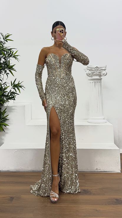 Taş İp Askılı Pul Payet Abiye Elbise