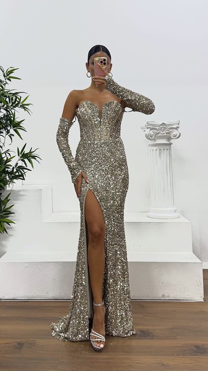 Taş İp Askılı Pul Payet Abiye Elbise