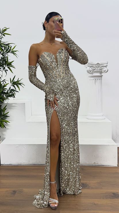 Taş İp Askılı Pul Payet Abiye Elbise