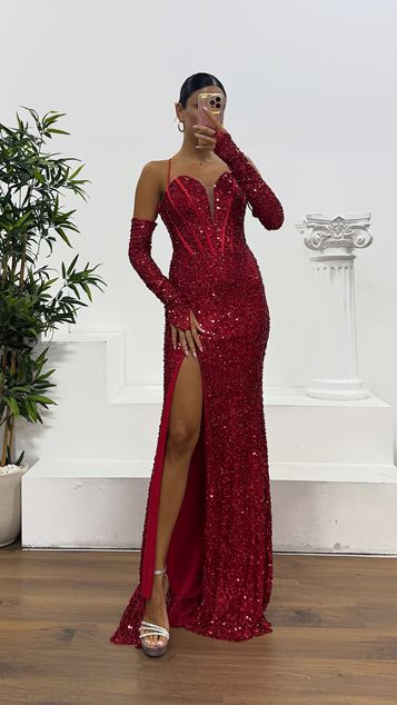 Kırmızı İp Askılı Pul Payet Abiye Elbise