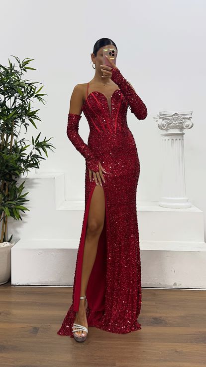 Kırmızı İp Askılı Pul Payet Abiye Elbise