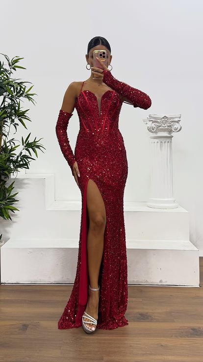 Kırmızı İp Askılı Pul Payet Abiye Elbise