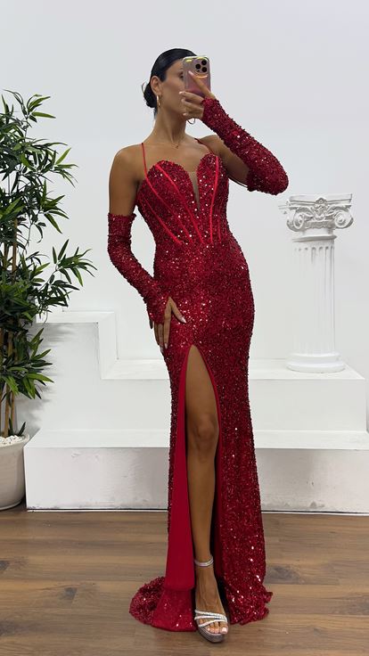 Kırmızı İp Askılı Pul Payet Abiye Elbise