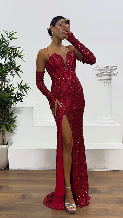 Kırmızı İp Askılı Pul Payet Abiye Elbise