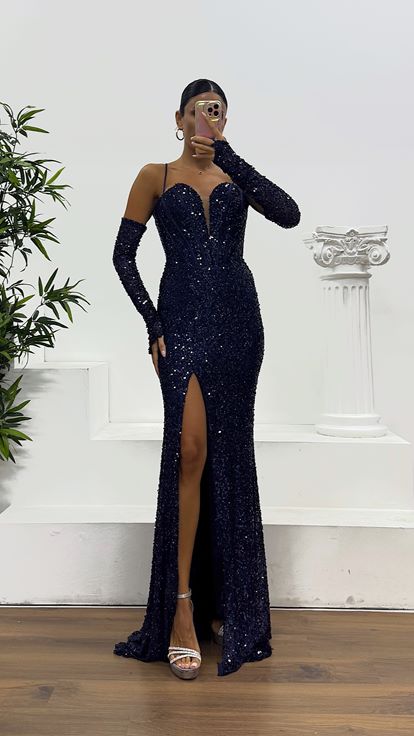 Lacivert İp Askılı Pul Payet Abiye Elbise