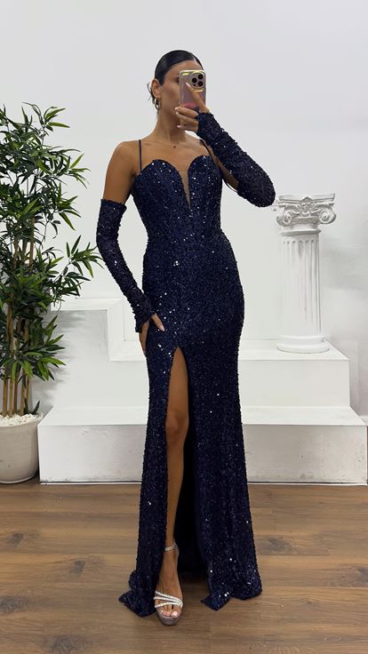 Lacivert İp Askılı Pul Payet Abiye Elbise