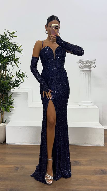 Lacivert İp Askılı Pul Payet Abiye Elbise