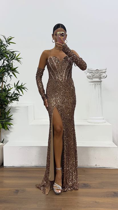 Kahve İp Askılı Pul Payet Abiye Elbise